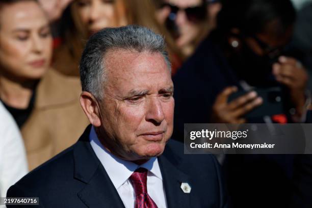 Middle East Envoy Steve Witkoff speaks alongside United States National Security Adviser Michael Waltz to reporters outside of the West Wing of the...