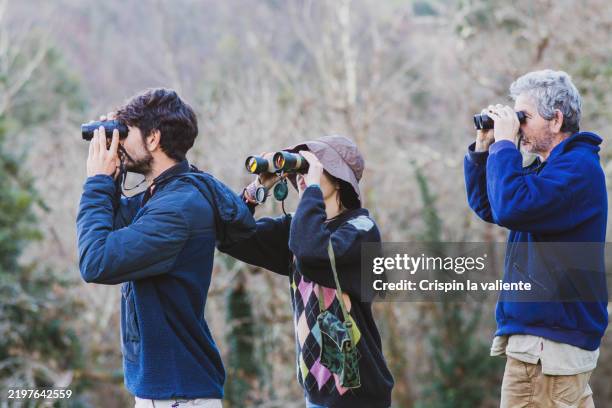 birdwatchers looking through binoculars in nature - bird watching stock pictures, royalty-free photos & images