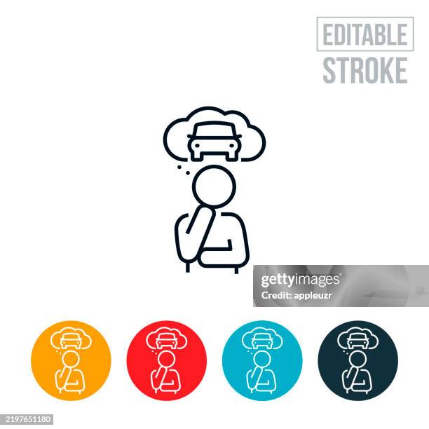 ilustrações de stock, clip art, desenhos animados e ícones de person thinking about buying a car thin line icon - editable stroke - mão no queixo
