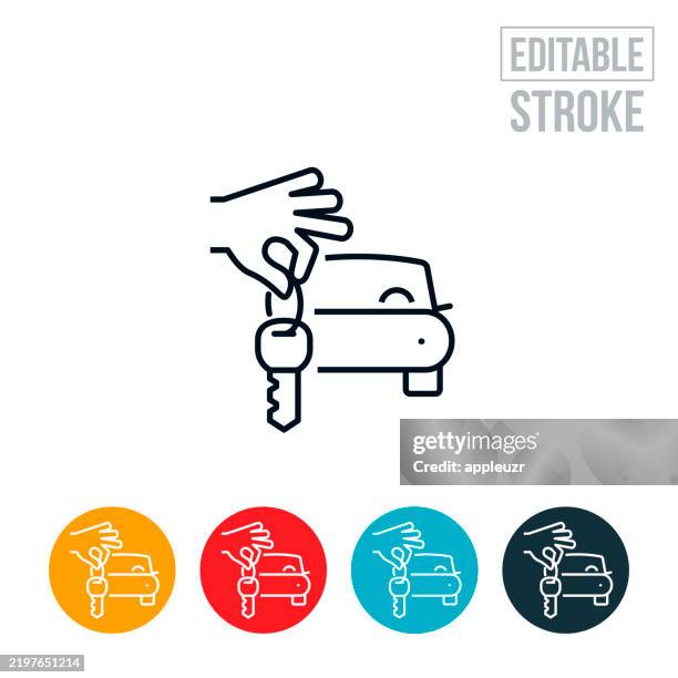 hand hält schlüssel zum neuen auto thin line icon - bearbeitbarer strich - autohandlung stock-grafiken, -clipart, -cartoons und -symbole