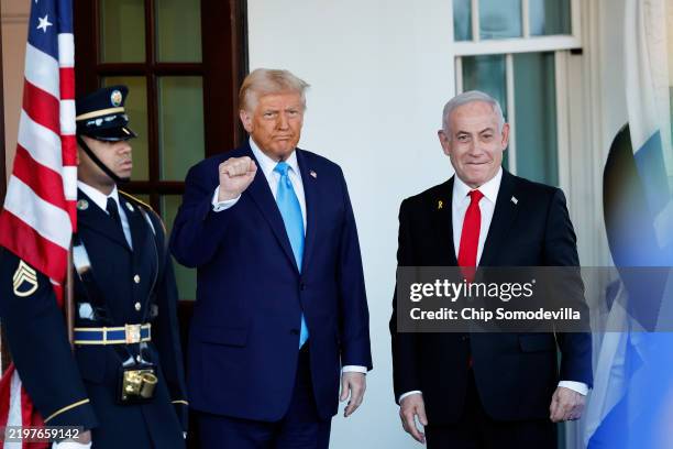 President Donald Trump greets Israeli Prime Minister Benjamin Netanyahu as he arrives at the White House on February 04, 2025 in Washington, DC....