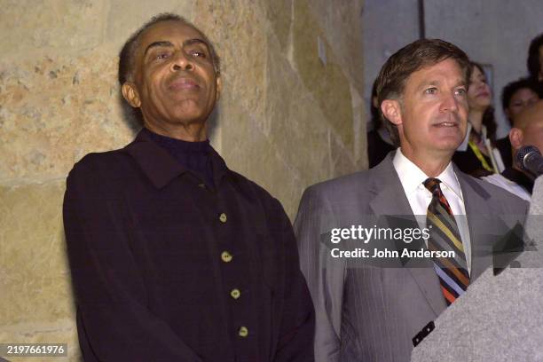 View of Brazilian Minister of Culture & musician Gilberto Gil and Austin Mayor Will Wynn before the start of a ceremony at City Hall, Austin, Texas,...