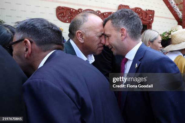 Leader David Seymour is greeted with a hongi at the end of the powhiri on February 05, 2025 in Waitangi, New Zealand. Waitangi Day, celebrated on...