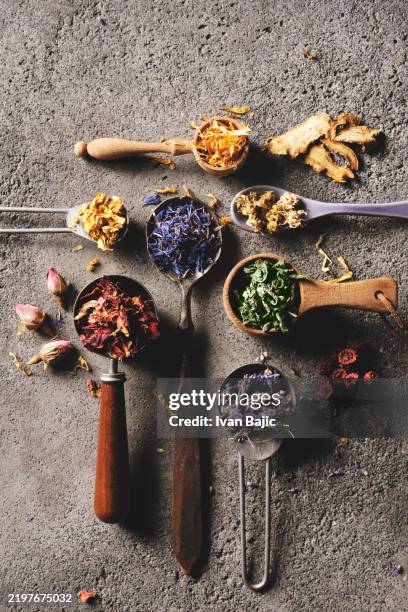 verschiedene getrocknete kräuter und teeblätter - kornblume stock-fotos und bilder