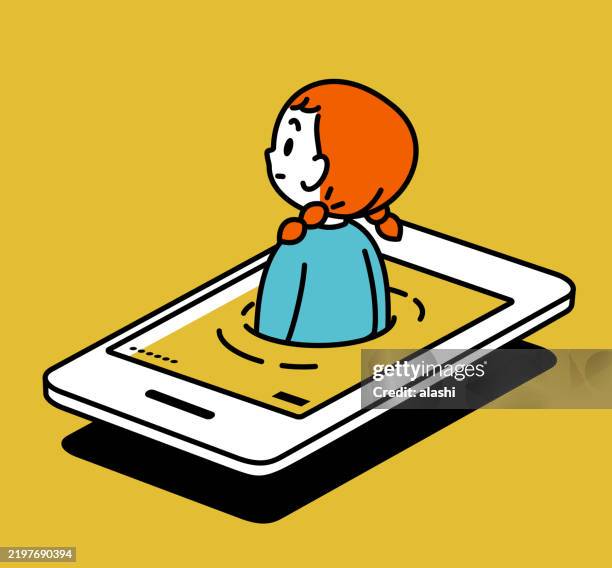 a cute girl, with orange braided ponytail hair, submerged in a smartphone screen, a three-quarter rear view, minimalist style, black outline, and flat colors. the concept of digital immersion" or "technology addiction - drowning girl stock illustrations