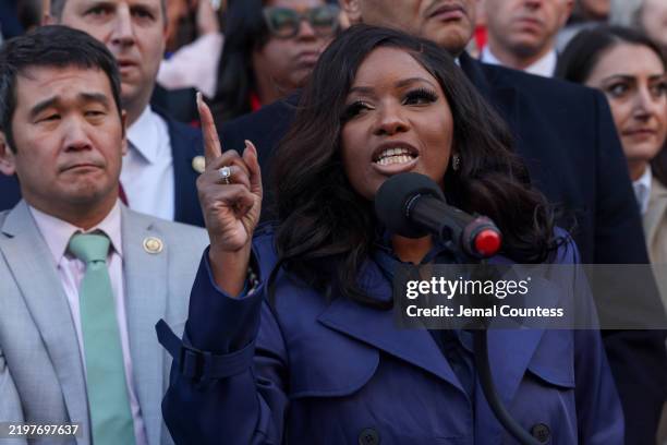Rep. Jasmine Crockett speaks during the We Choose To Fight: Nobody Elected Elon Rally at the U.S. Department Of The Treasury on February 04, 2025 in...