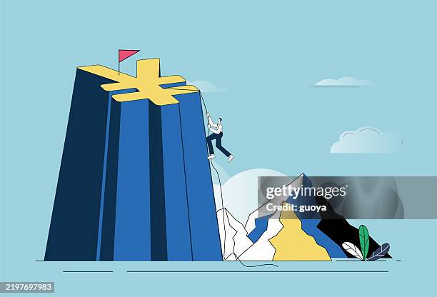 ilustraciones, imágenes clip art, dibujos animados e iconos de stock de hombre de negocios subiendo a la cima de la montaña objetivo de rmb. - escalar