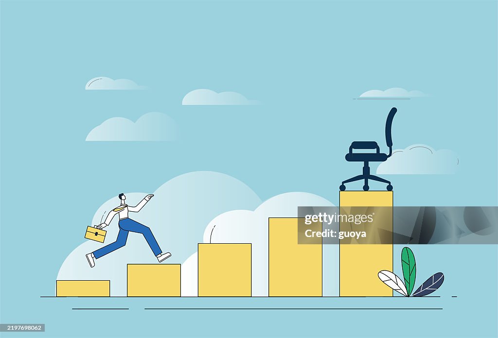 A male white-collar worker ran along the high and low pillars towards the job position at the top.