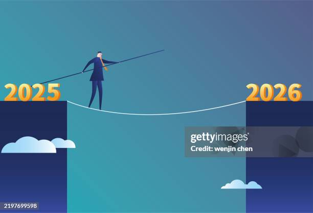 businessmen walk on the tightrope from 2025 to 2026 - business finance and industry stock illustrations