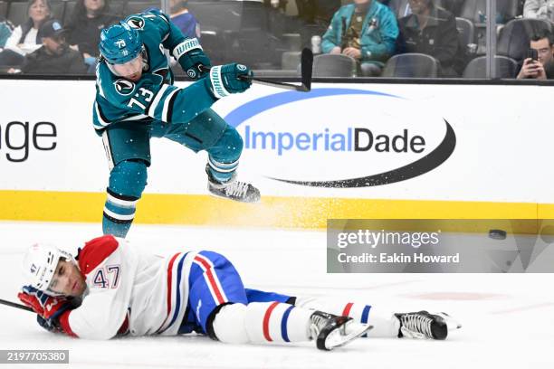 Tyler Toffoli of the San Jose Sharks shoots against Jayden Struble of the Montreal Canadiens in the second period at SAP Center on February 04, 2025...