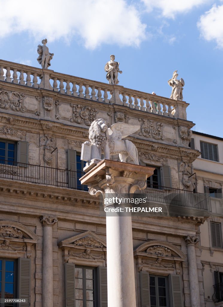 Lion of Saint Mark – Historic Winged Lion Sculpture in Piazza delle Erbe, Verona