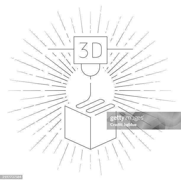 illustrations, cliparts, dessins animés et icônes de imprimante 3d. icône de ligne avec des rayons de soleil sur fond blanc - imprimante