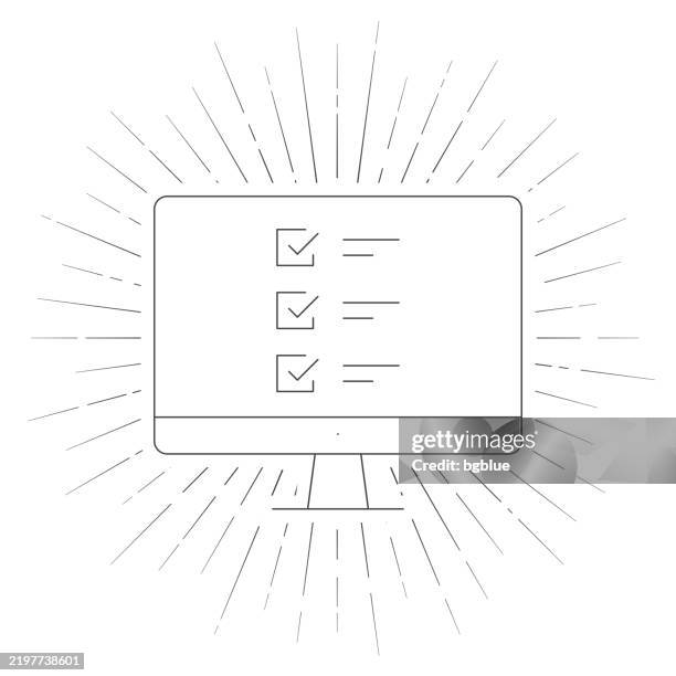 desktop computer with checklist. line icon with sunbursts on white background - using desktop computer at home stock illustrations