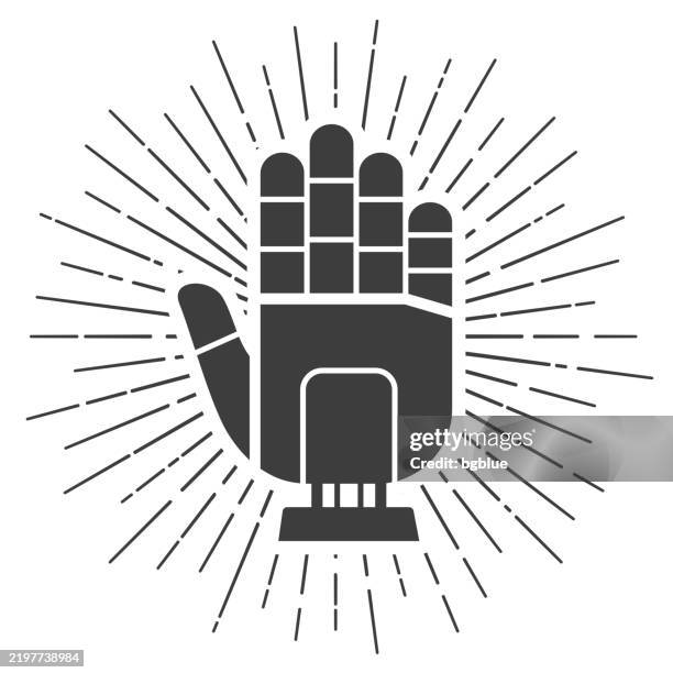 robot hand. icon with sunbursts on white background - computer engineering black stock illustrations