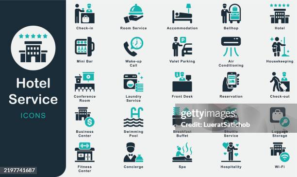 bildbanksillustrationer, clip art samt tecknat material och ikoner med hotel service solid icons collection.containing hotel, five star, accommodation, reservation, concierge, housekeeping, room service, check-in, check-out, front desk, bellhop, valet parking, wi-fi, spa - hotell