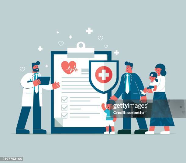 father and mother with consulting pediatrician - medical insurance stock illustrations