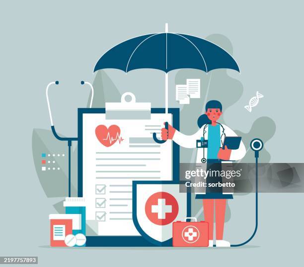 ilustraciones, imágenes clip art, dibujos animados e iconos de stock de seguro de salud - doctora - seguro documento