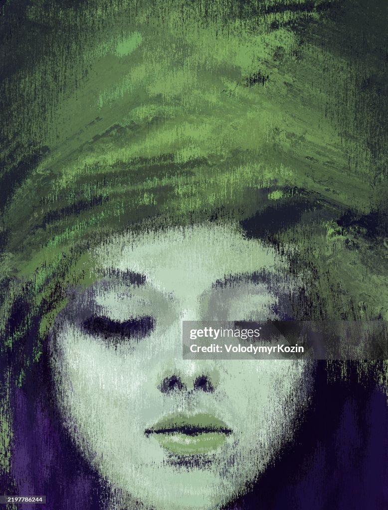 Painting portrait of a woman full face with closed eyes