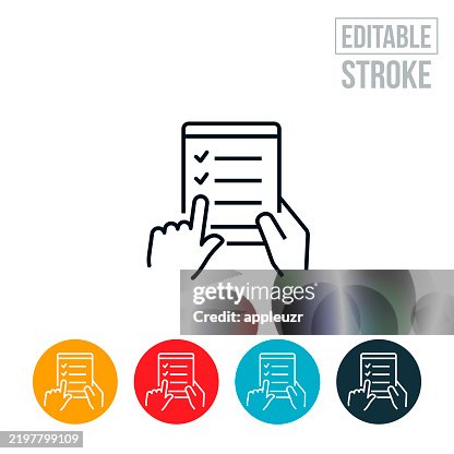 Hand Completing A Checklist On Table PC Thin Line Icon - Editable Stroke Hand Completing A Checklist On Table PC Thin Line Icon - Editable Stroke