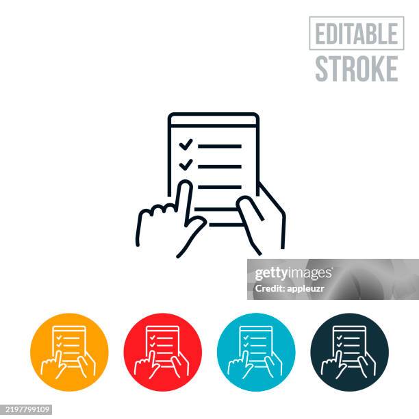 hand completing a checklist on table pc thin line icon - editable stroke - checklist stock illustrations