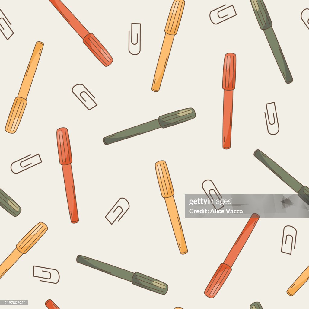 Pattern Marker Clips Cute Hand Drawn Cartoon Colorful Markers And Paper Clips Seamless ...