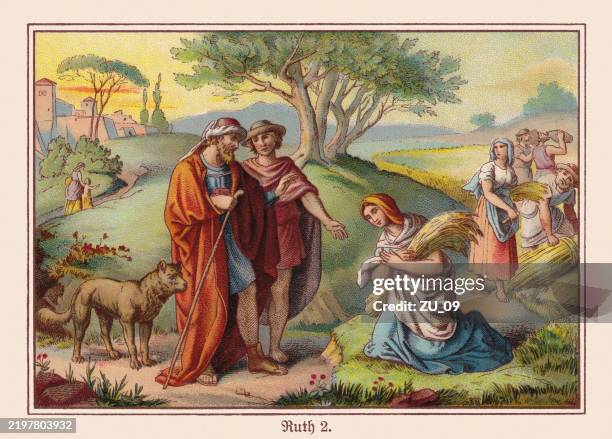 ruth and boaz (ruth 2, 2-17), chromolithograph, published ca. 1898 - old testament stock illustrations
