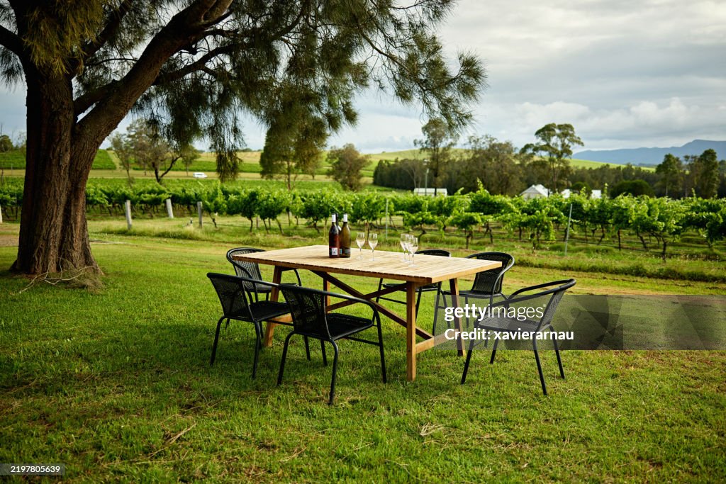 Outdoor table, chairs, wine and glasses ready for tasting