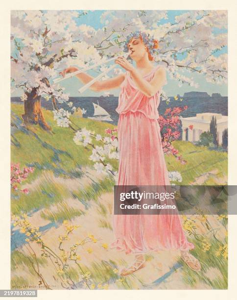 woman eros playing double flute in spring art nouveau illustration 1899 - greek mythology stock illustrations
