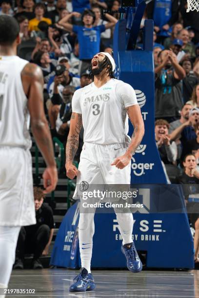 Anthony Davis of the Dallas Mavericks celebrates during the game against the Houston Rockets on February 8, 2025 at American Airlines Center in...