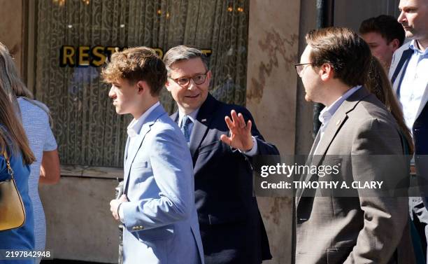 House Speaker Mike Johnson leaves a restaurant in New Orleans, Louisiana, on February 8, 2025 ahead of Super Bowl LIX, where the Kansas City Chiefs...