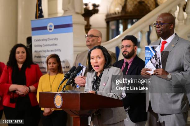 Advisory Council Member, Yeimi Bautista speaks during the Pennsylvania Human Relations Commission's No Hate in Our State Press Conference at the...