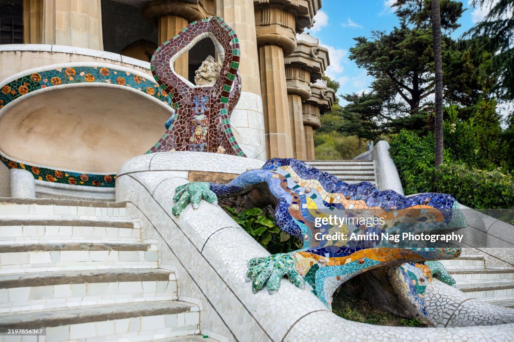 In Gaudi's Park Guell, Barcelona, a UNESCO World Heritage Centre. It features various mosaic-based artworks including a mosaic dragon which has become the symbol of Barcelona.