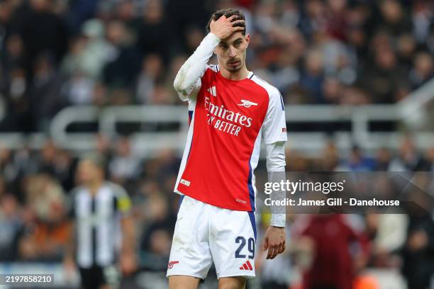 Kai Havertz of Arsenal looks dejected during the Carabao Cup Semi Final Second Leg match between Newcastle United and Arsenal at St James' Park on...