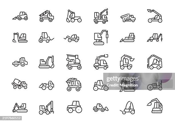 ilustrações de stock, clip art, desenhos animados e ícones de construction machinery, including excavators, cranes, bulldozers, and dump trucks, arranged in a structured grid format. editable stroke, vector line icons set - indústria madeireira
