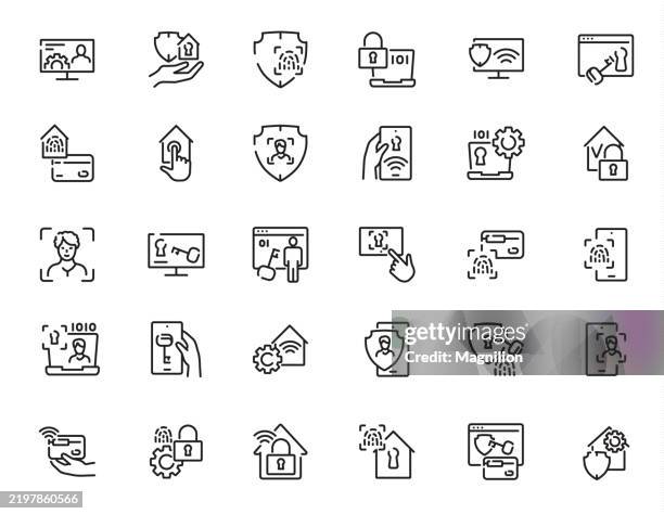 security concepts, including encryption, authentication, biometric access, and cybersecurity, designed in a modern style. editable stroke, vector line icons set - software development stock illustrations
