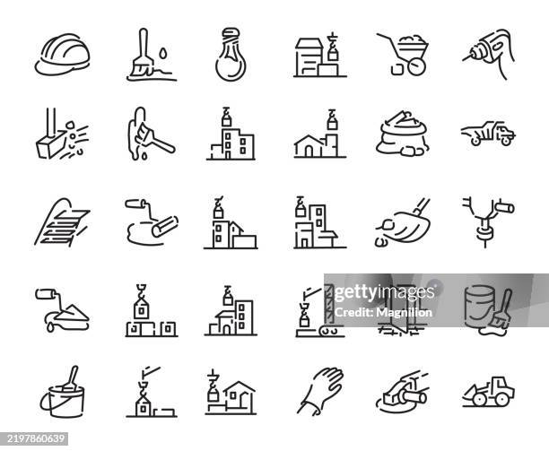 construction-related elements, including tools, buildings, workers, and machinery, editable stroke, vector line icons set - roofing contractor stock illustrations