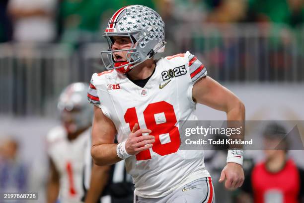Will Howard of the Ohio State Buckeyes reacts after a Buckeyes touchdown during the second quarter against the Notre Dame Fighting Irish in the 2025...