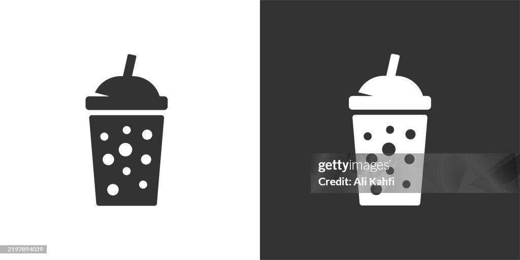Bubble tea glyph solid icon. Black and white icon series. Perfect pixel isolated on white and black background