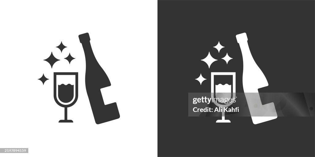 Champagne glyph solid icon. Black and white icon series. Perfect pixel isolated on white and black background
