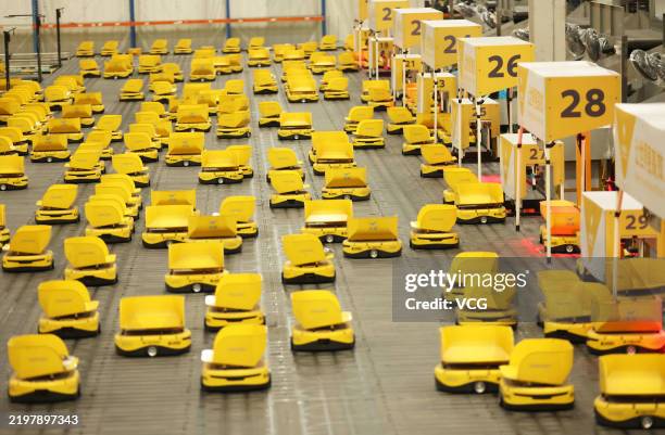 Minions' robots sort express parcels at a logistics center of Fast Fish Apparel Co., Ltd. On the first workday after the Spring Festival holiday on...