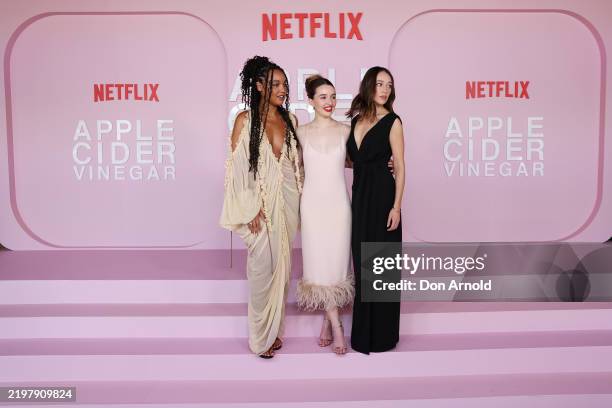 Aisha Dee,Kaitlyn Dever and Alycia Debnam-Carey attend the world premiere of "Apple Cider Vinegar" at Hoyts Entertainment Quarter on February 03,...