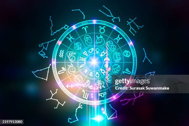zodiac signs and astrology with constellations, concepts, predictions, horoscopes, beliefs - astrología fotografías e imágenes de stock