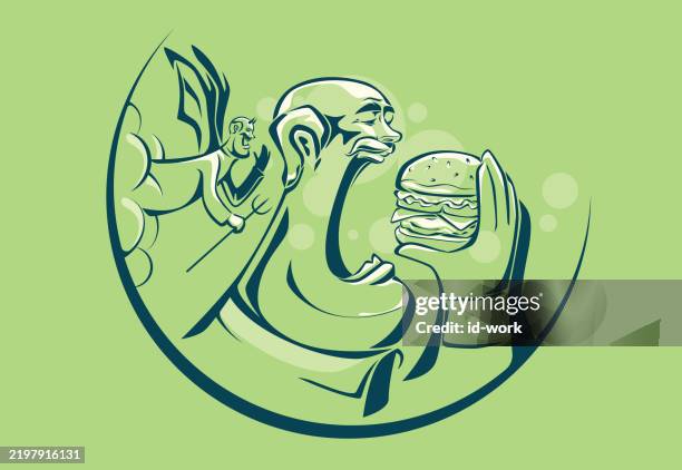 senior man going to eat hamburger beside devil whispering - binge eating disorder stock illustrations