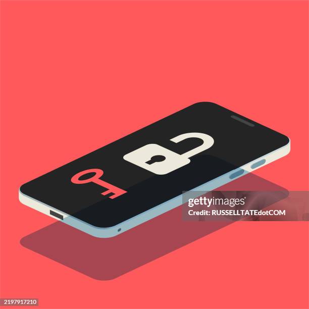 vulnerable smartphone floating on red background with a key and un-locked padlock symbol on screen - personal data security stock illustrations
