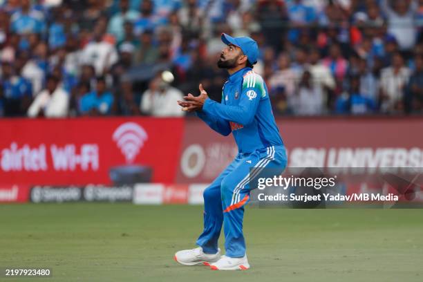 Virat Kohli of India takes the catch to dismiss Gus Atkinson of England during the 2nd ODI India and England at Barabati Stadium on February 9, 2025...