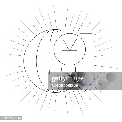 Yen rate decrease. Line icon with sunbursts on white background Yen rate decrease. Line icon with sunbursts on white background
