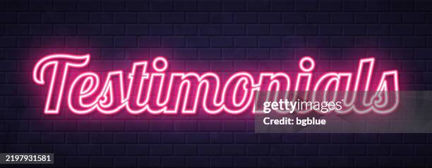 testimonials - glowing neon text on brick wall background - testimonial template stock illustrations
