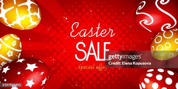 colorful easter eggs with decorative geometric pattern with discount text on colorful abstract retro background. creative spring easter sale template, web banner. - easter egg pattern stock illustrations