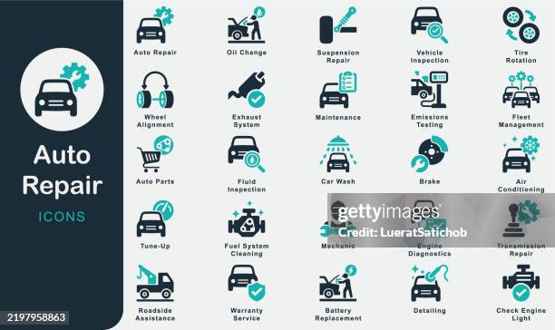 stockillustraties, clipart, cartoons en iconen met auto repair solid icons collection.containing car, service, oil change, maintenance, tire rotation, brake, engine diagnostics, transmission, wheel alignment, battery, battery, replacement, tune-up - rem onderdeel van voertuig