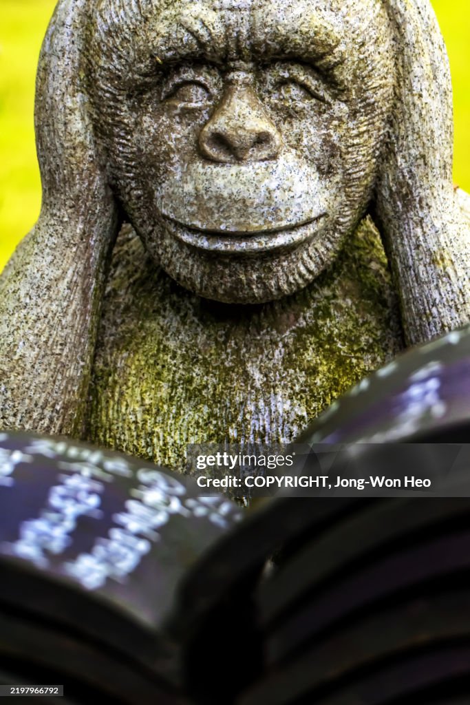 Stone Sculpture with Hands Covering Ears in a Grassy Setting